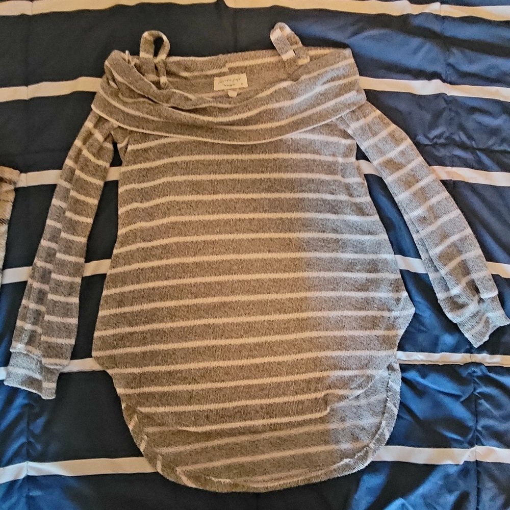 Medium Lavender Fields Off Shoulder Gray and White Striped Sweater